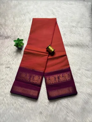 Chettinad Cotton Sarees - Brick red with Mejantha pink border
