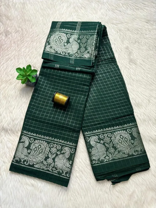 Madurai sungudi cotton Silver Zari Check Self Saree - Dark Green