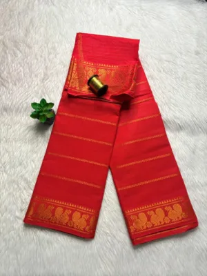 Madurai sungudi cotton Veludhari Small Self border - Orange Red