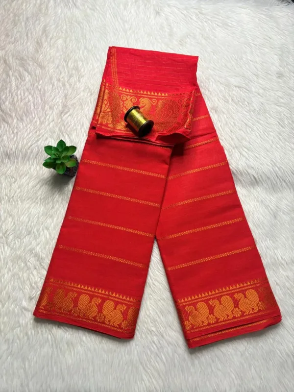 Madurai sungudi cotton Veludhari Small Self border - Orange Red