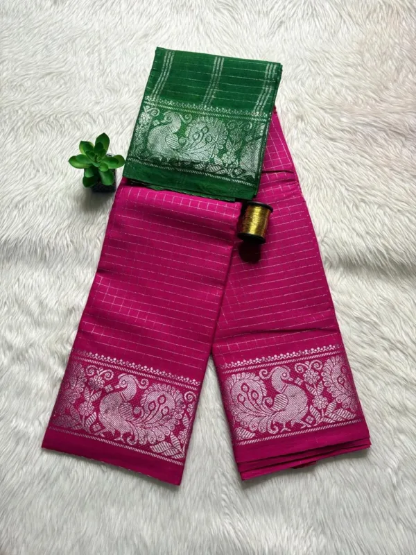 Madurai sungudi cotton Silver Zari Check Self Saree - Rani Pink