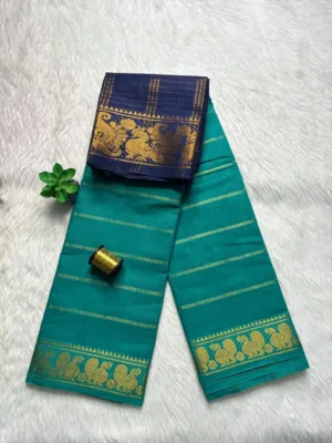 Madurai sungudi cotton Veludhari Small Self border - Silver Green