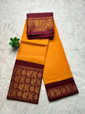 Madurai sungudi cotton mayuri - Yellow with red