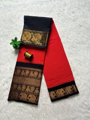 Madurai sungudi cotton mayuri - Orange red with Black