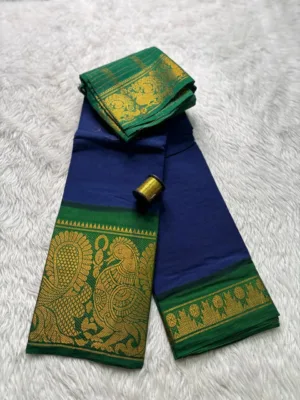 Madurai sungudi cotton mayuri - Blue with Green