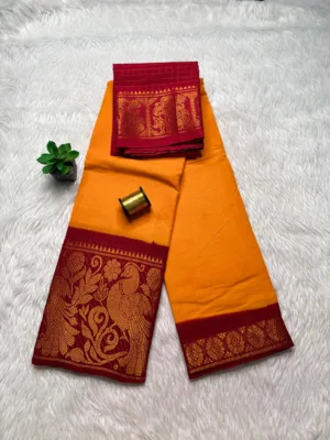 Madurai sungudi cotton mayuri - Yellow with red