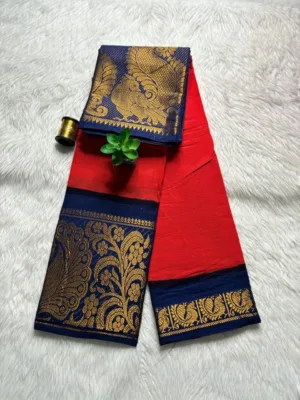 Madurai sungudi cotton mayuri - Orange red with Blue