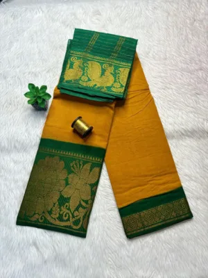 Madurai sungudi cotton mayuri - Mustard Yellow with Green