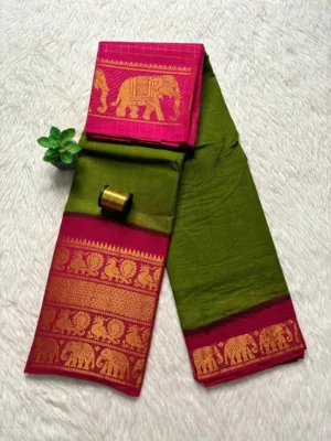 Madurai sungudi cotton mayuri -Mehandi Green with pink