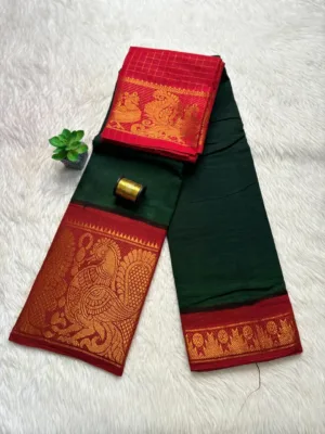 Madurai sungudi cotton mayuri - Bottle green with Red