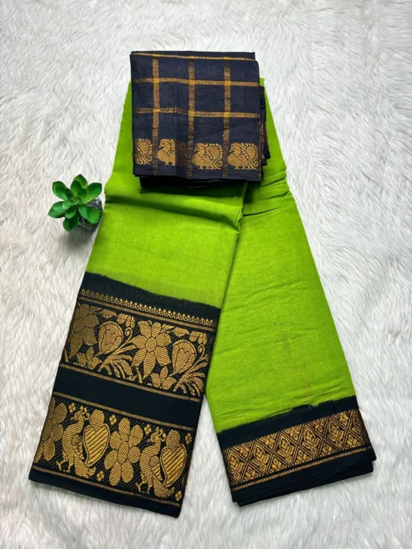 Madurai sungudi cotton mayuri - Parrot Green with Black