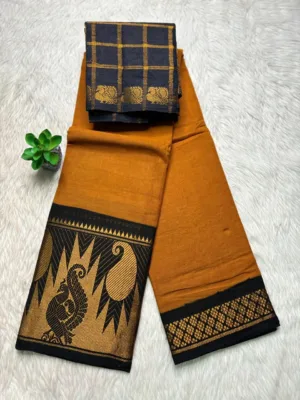 Madurai sungudi cotton mayuri - Mustard Yellow with Black