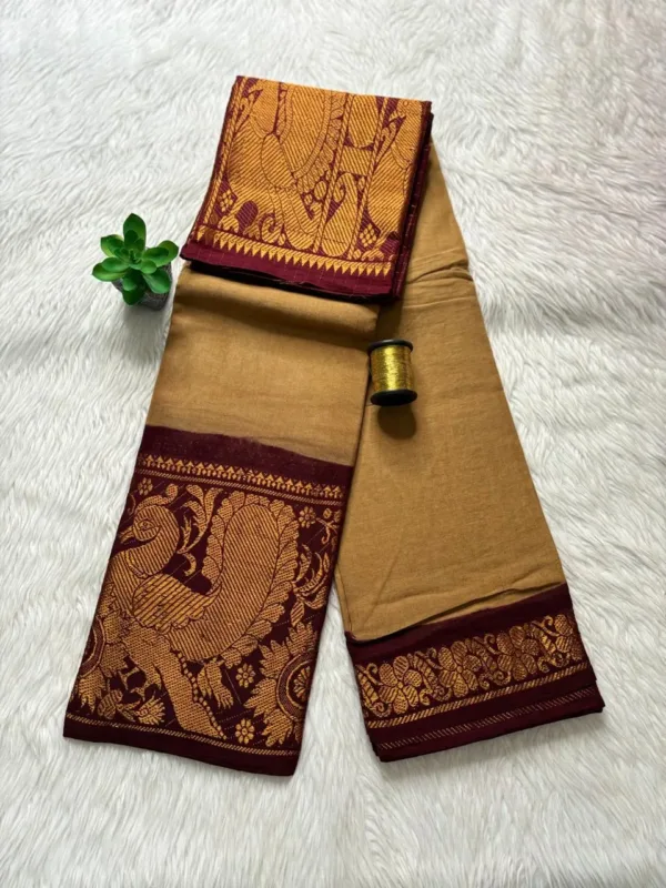 Madurai sungudi cotton mayuri - Biscuit colour with Maroon