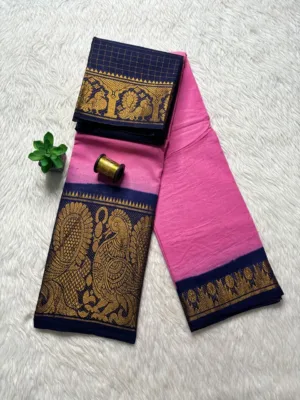 Madurai sungudi cotton mayuri - Baby pink with blue