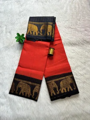 Madurai sungudi cotton Zari Check Contrast - Orange Red with Black(Elephant border)