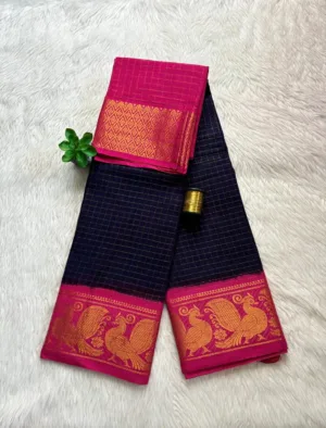 Madurai sungudi cotton Zari Check Contrast - Blue with pink