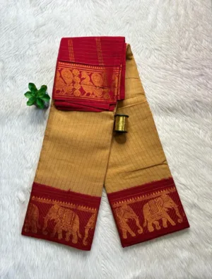 Madurai sungudi cotton Zari Check Contrast - Biscuit Colour with Red