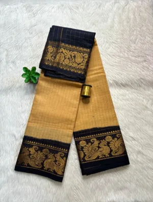 Madurai sungudi cotton Zari Check Contrast - Biscuit Colour with Black