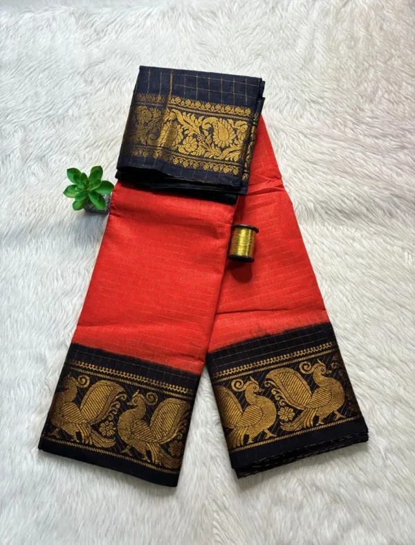 Madurai sungudi cotton Zari Check Contrast - Orange Red with Black(Peacock Border)