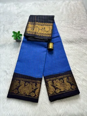 Madurai sungudi cotton Zari Check Contrast - Ink blue with Black (Peacock)