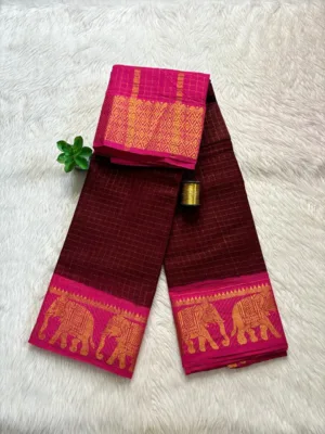 Madurai sungudi cotton Zari Check Contrast - Maroon with pink