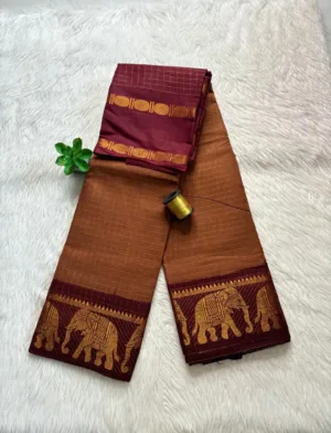 Madurai sungudi cotton Zari Check Contrast - Brown with Maroon