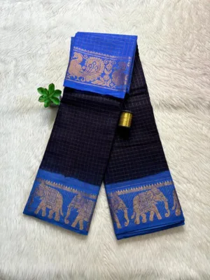 Madurai sungudi cotton Zari Check Contrast - Black with Ink Blue