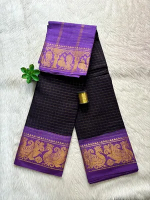 Madurai sungudi cotton Zari Check Contrast - Blue with Lavender