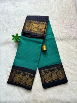 Madurai sungudi cotton Zari Check Contrast - Silver Green with Black (Peacock)