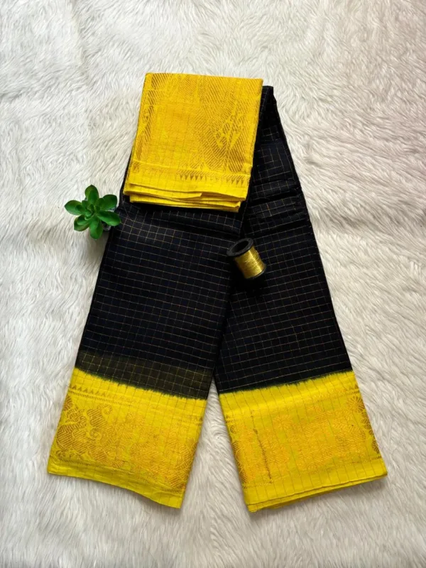 Madurai sungudi cotton Zari Check Contrast - Black with Lemon Yellow