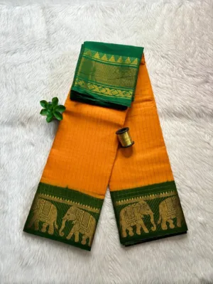 Madurai sungudi cotton Zari Check Contrast - Yellow with Green(Elephant)