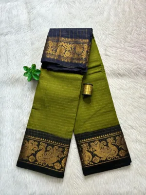 Madurai sungudi cotton Zari Check Contrast - Mehandi Green with Black