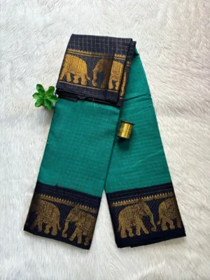 Madurai sungudi cotton Zari Check Contrast - Silver Green with Black (Elephant)