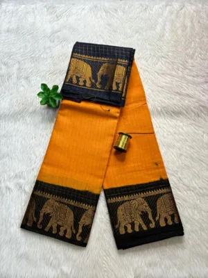 Madurai sungudi cotton Zari Check Contrast - Yellow with black(Elephant)