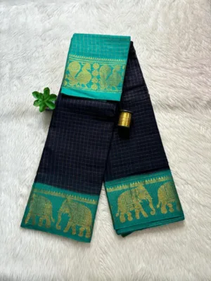 Madurai sungudi cotton Zari Check Contrast - Black with Silver green