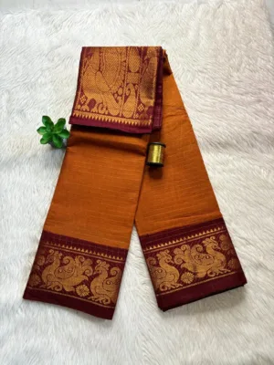 Madurai sungudi cotton Zari Check Contrast - Honey gold with Maroon