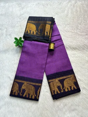 Madurai sungudi cotton Zari Check Contrast - Lavender with Blue(Elephant)