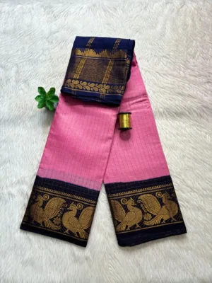 Madurai sungudi cotton Zari Check Contrast - Baby pink with blue