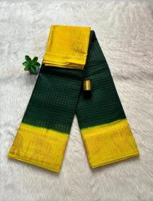 Madurai sungudi cotton Zari Check Contrast - Green with Lemon yellow