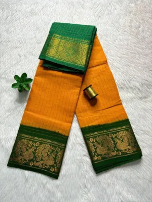 Madurai sungudi cotton Zari Check Contrast - Yellow with Green(Peacock)