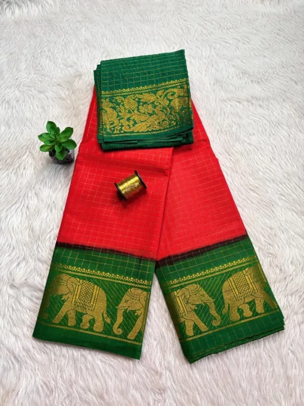 Madurai sungudi cotton Zari Check Contrast - Red with Green