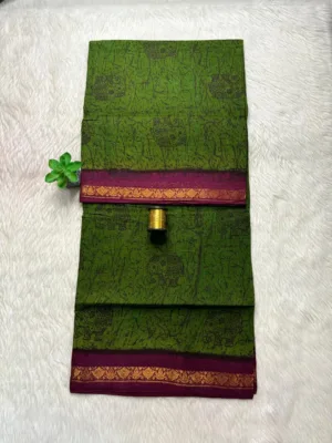 Madurai Sungudi Cotton Printed Sarees - Bottle green with Dark Maroon