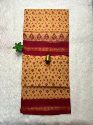 Madurai Sungudi Cotton Printed Sarees - Biscuit with Maroon