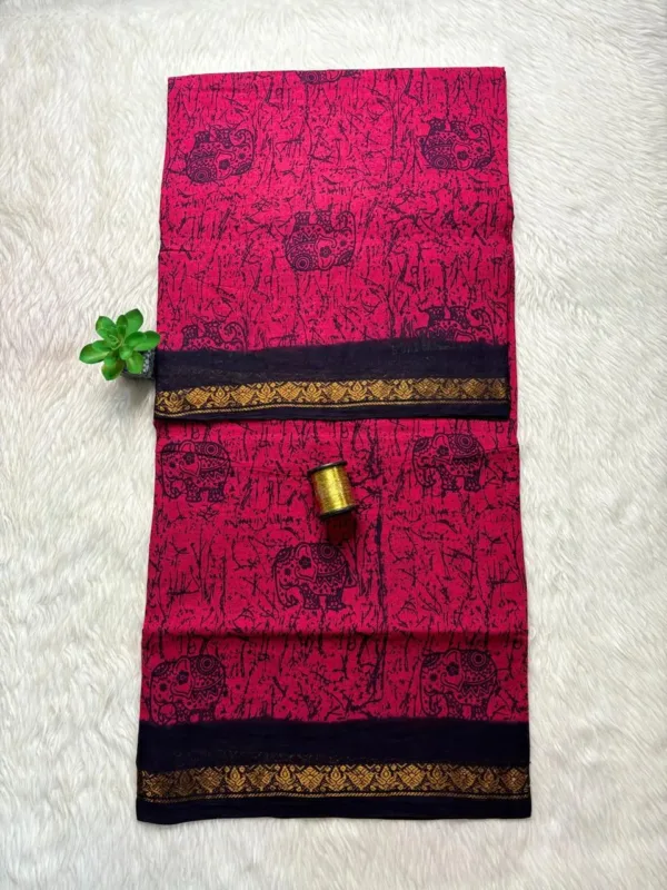 Madurai Sungudi Cotton Printed Sarees - Dark pink with blue