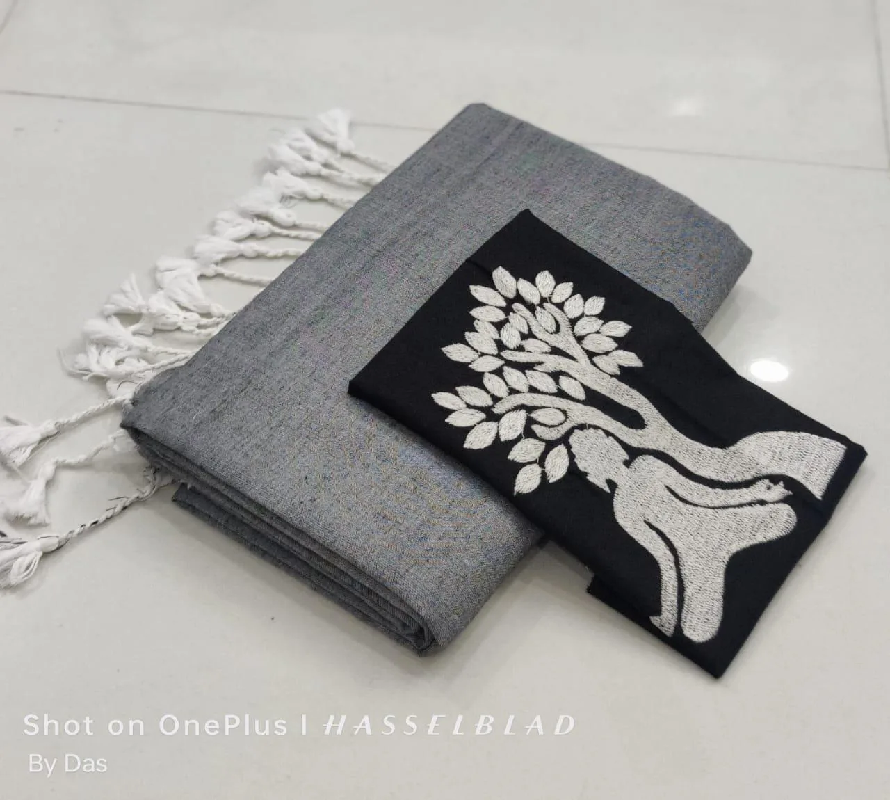 Khadi Cotton Sarees with embroidery blouse - Grey with black blouse