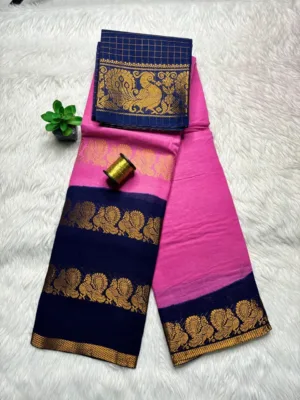 Madurai Sungudi Cotton Printed 100 count Sarees - Light pink with blue