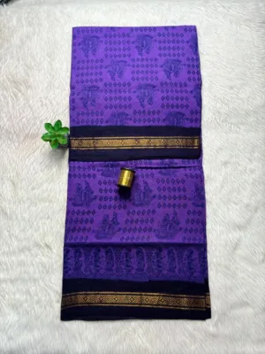 Madurai Sungudi Cotton Printed Sarees - Lavender with Dark blue