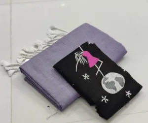 Khadi Cotton Sarees with embroidery blouse - Light lavender with black blouse