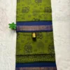 Madurai Sungudi Cotton Printed 100 count Sarees - Mehandi green with blue