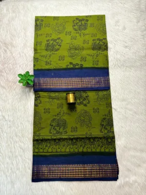 Madurai Sungudi Cotton Printed 100 count Sarees - Mehandi green with blue